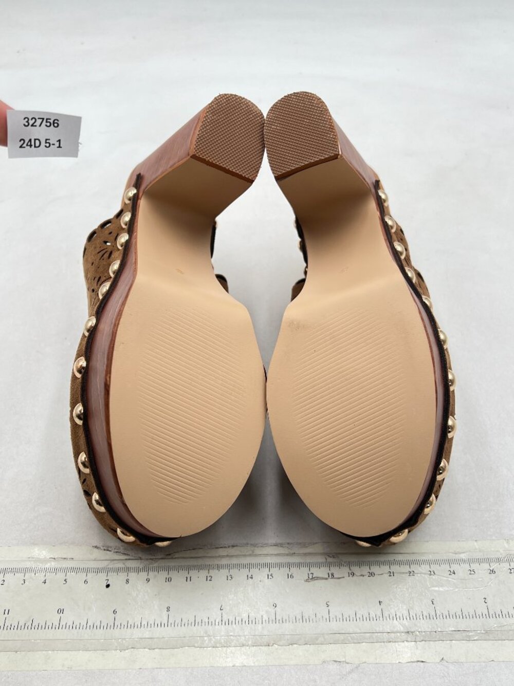 FOWT Tan Studded Round Toe Floral Cut Out Platform Mules Chunky Heel Sandals - Picture 7 of 8